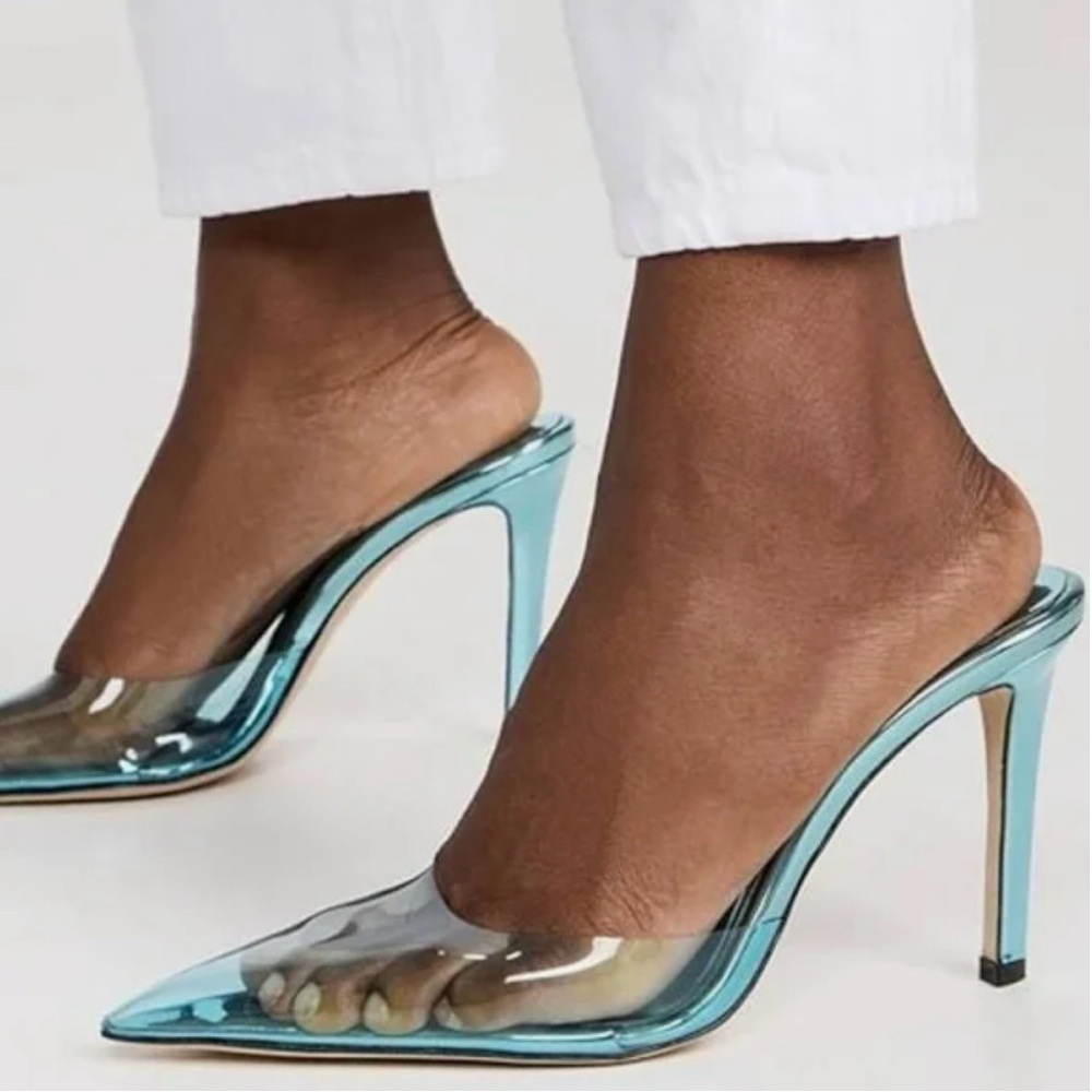 Good American Pointy Toe PVC Mules Heels in Turquoise 8.5